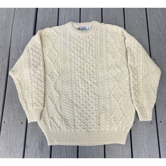 Celtic Country Ireland Sweater Mens XL Wool Chunky Fisherman Knit Aran Ivory - Picture 3 of 14